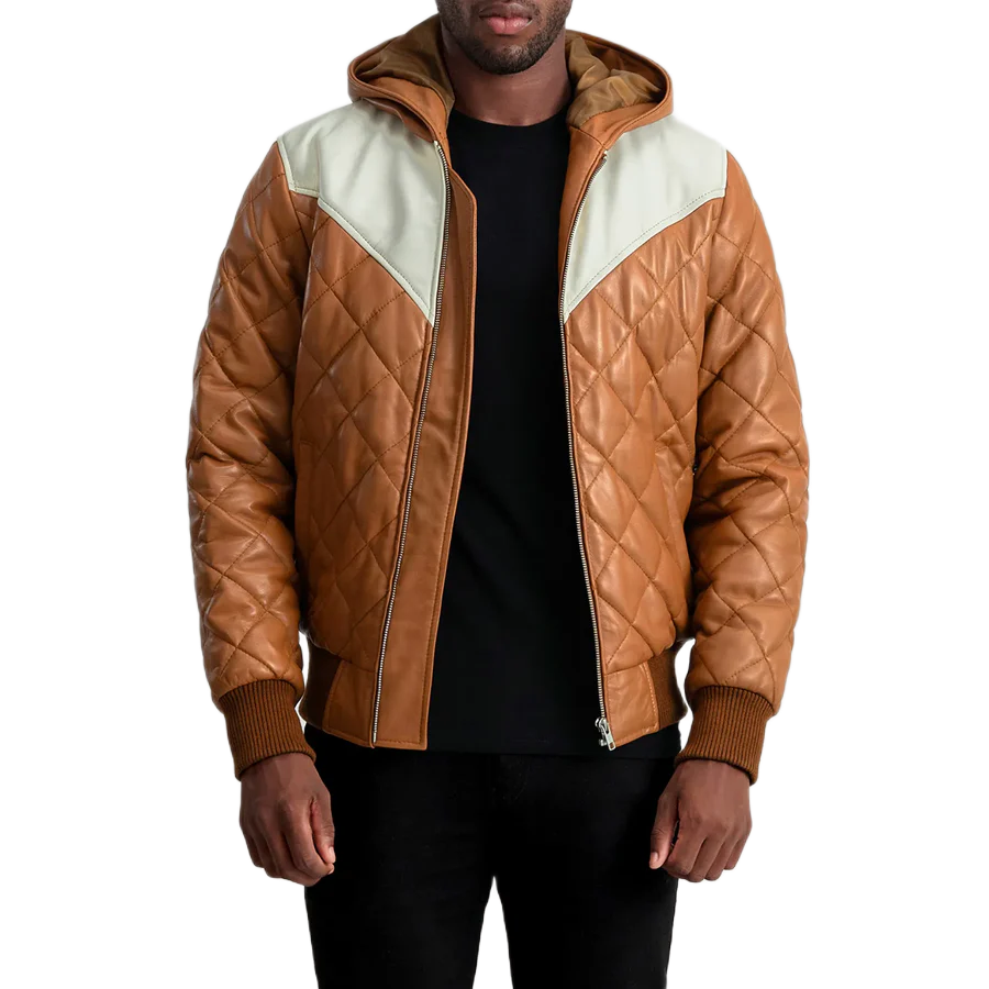 Norman Tan Hooded Bomber Leather Puffer Jacket