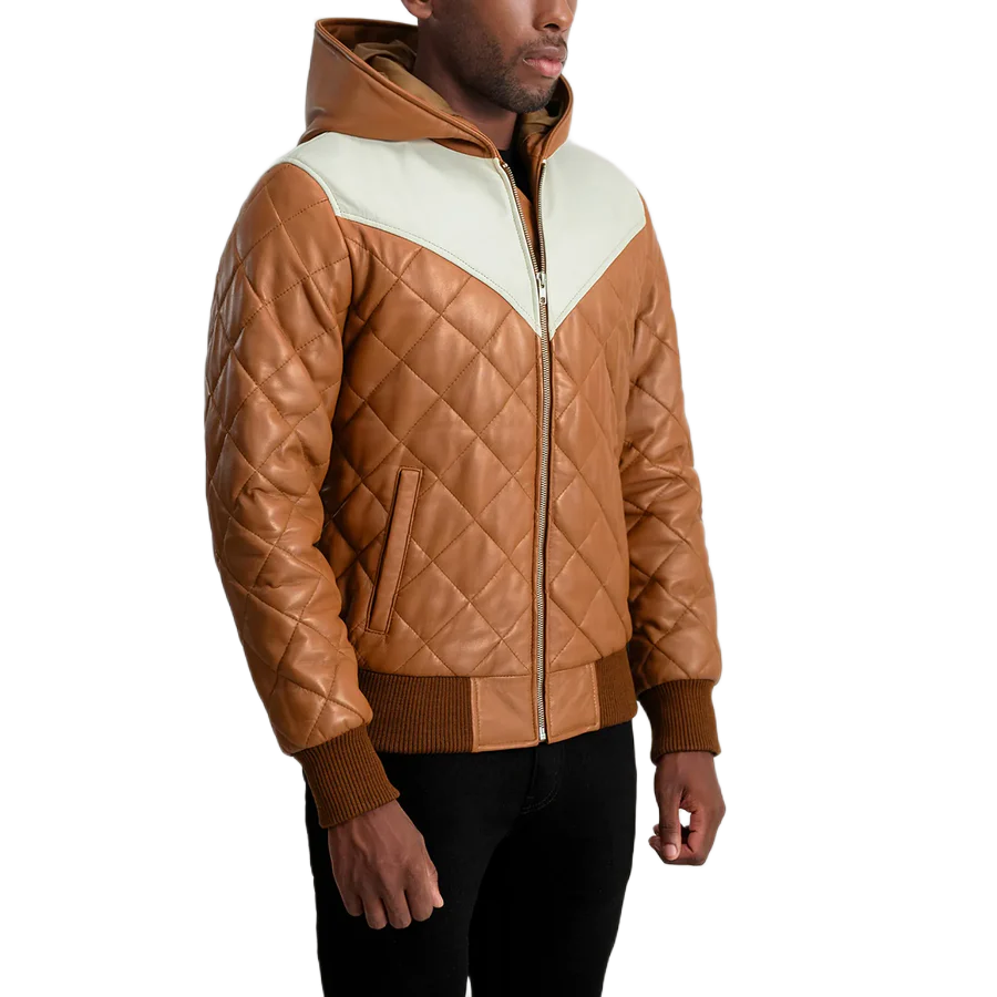 Norman Tan Hooded Bomber Leather Puffer Jacket
