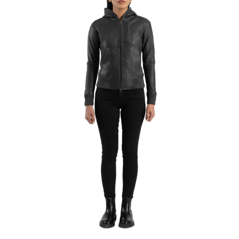Luna Black Hooded Leather Bomber Jacket
