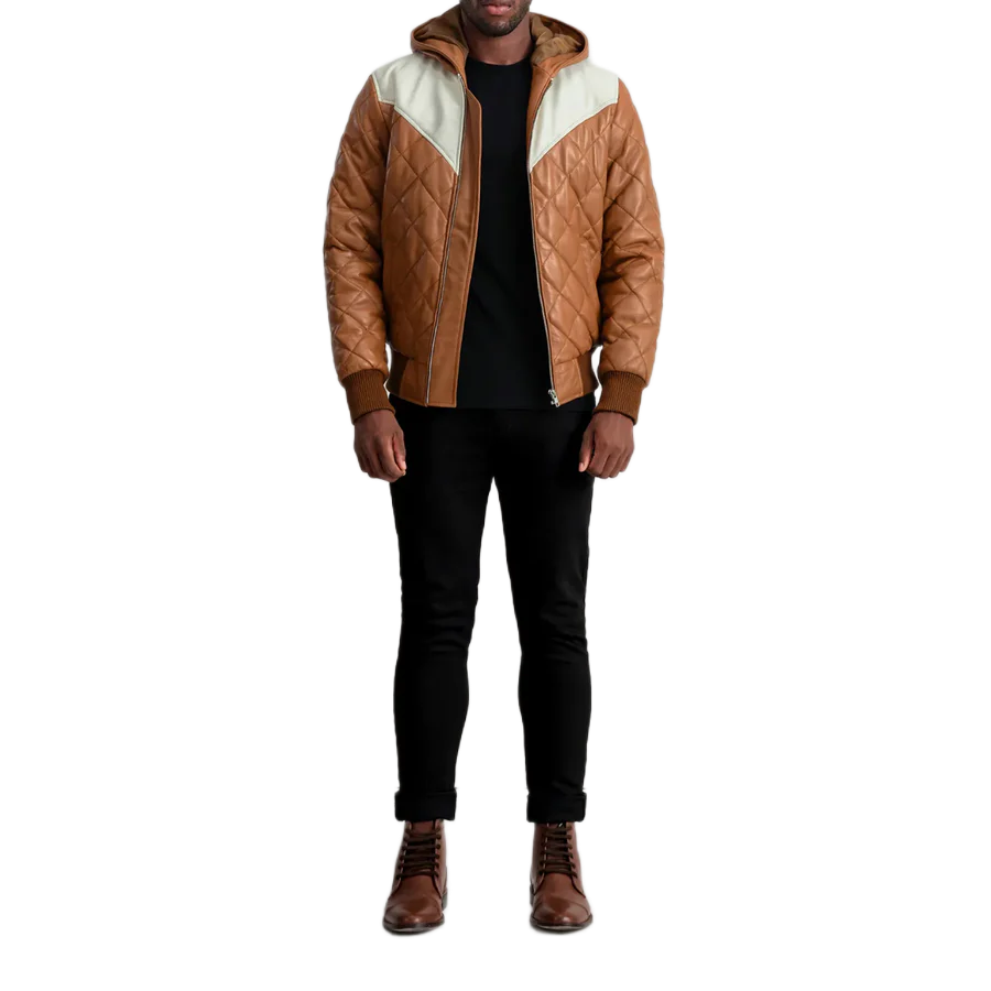 Norman Tan Hooded Bomber Leather Puffer Jacket
