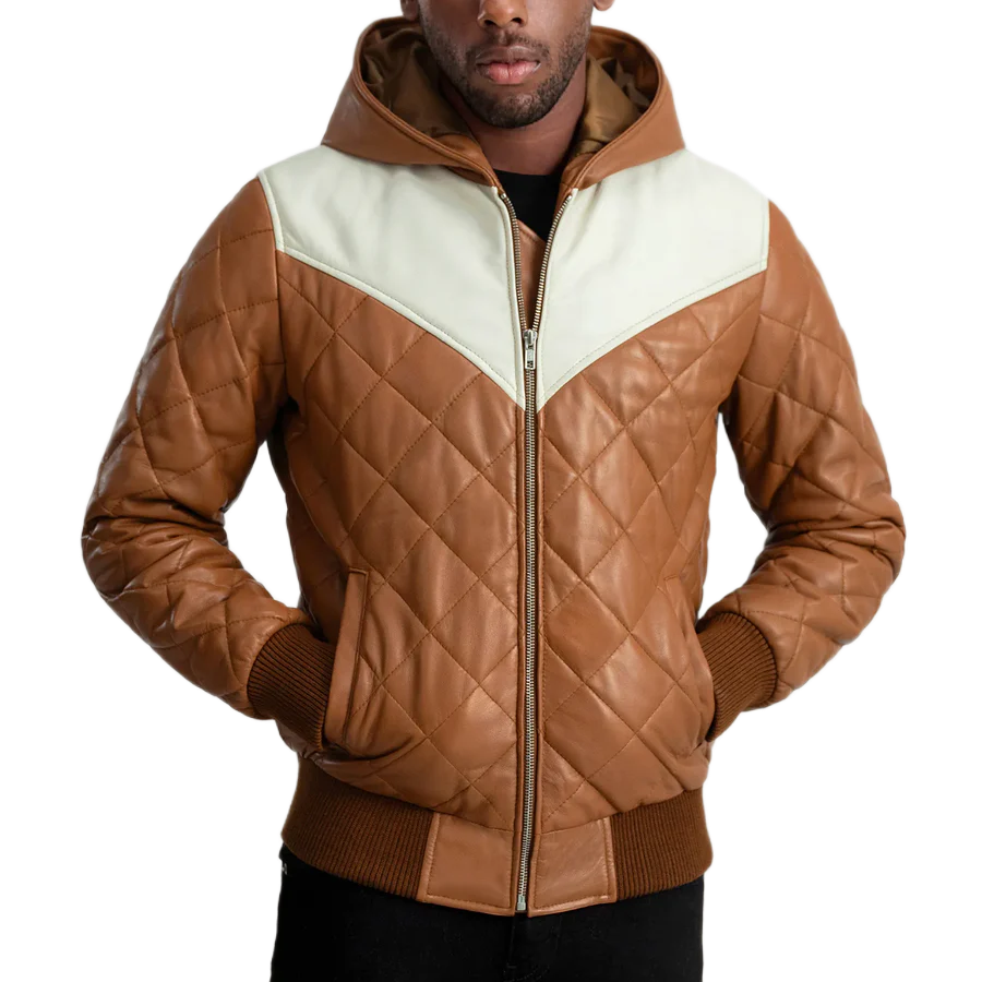 Norman Tan Hooded Bomber Leather Puffer Jacket