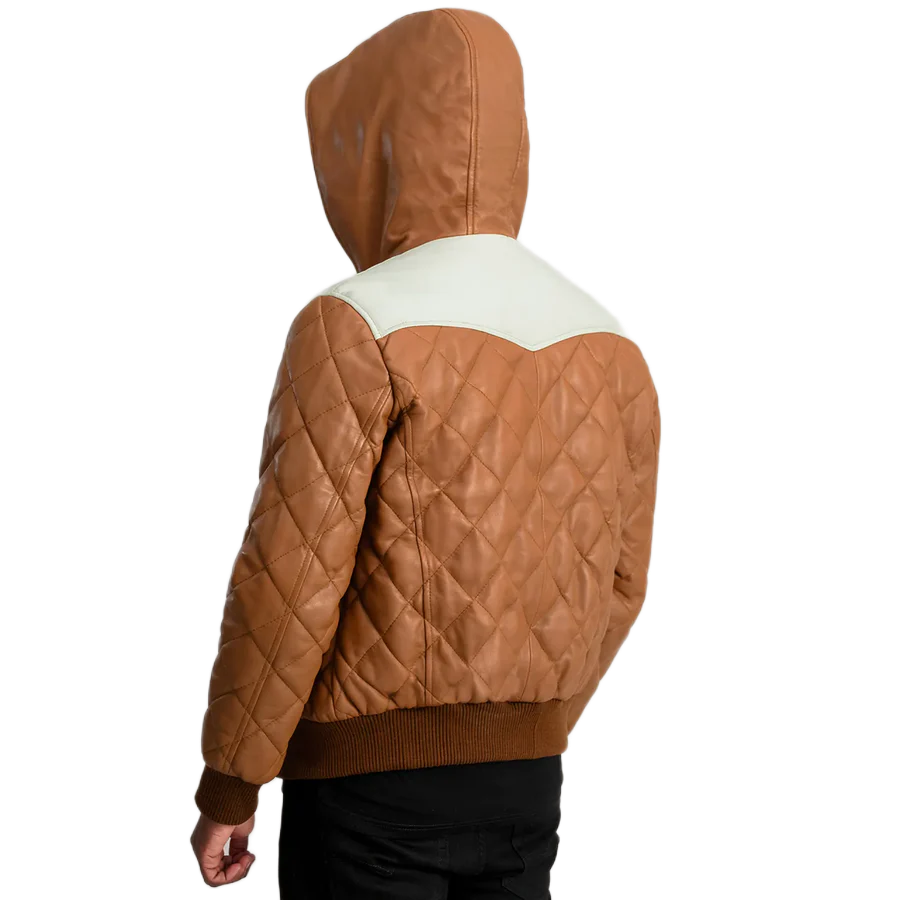 Norman Tan Hooded Bomber Leather Puffer Jacket