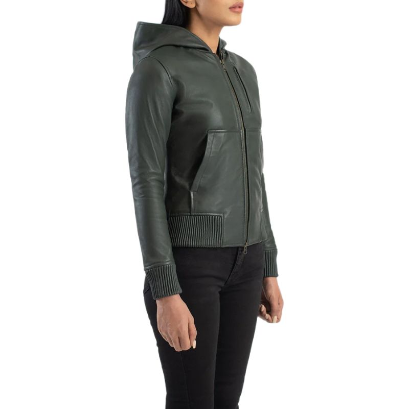 Luna Green Hooded Leather Bomber Jacket