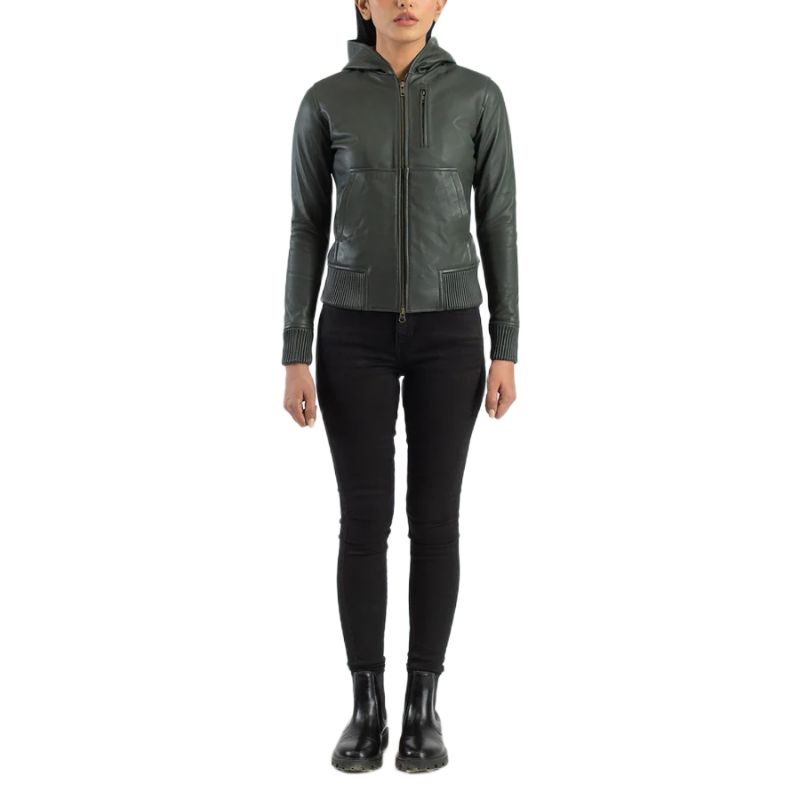 Luna Green Hooded Leather Bomber Jacket