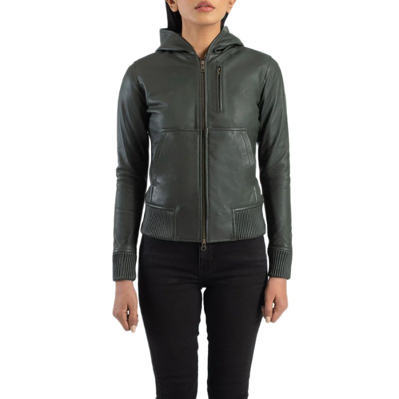 Luna Green Hooded Leather Bomber Jacket