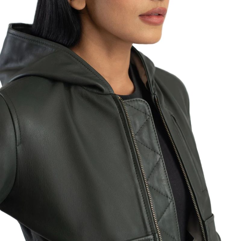 Luna Green Hooded Leather Bomber Jacket
