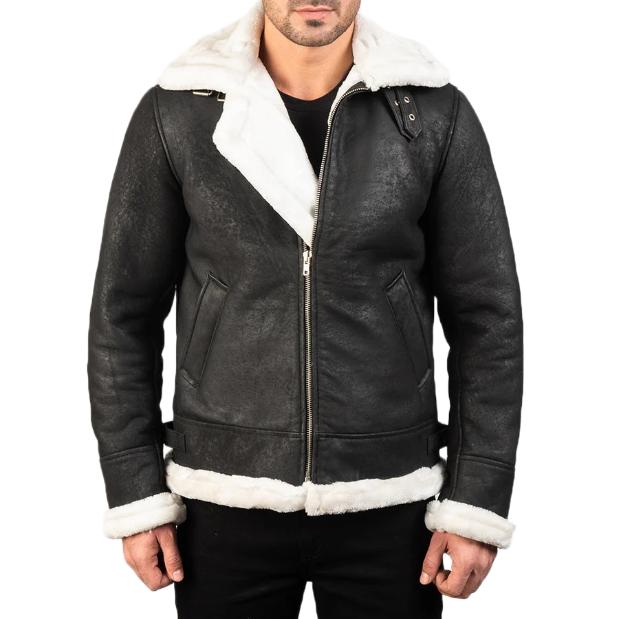 Francis B-3 Distressed Black Leather Bomber Jacket