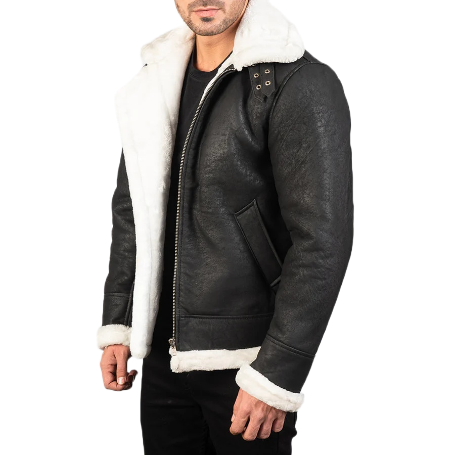 Francis B-3 Distressed Black Leather Bomber Jacket
