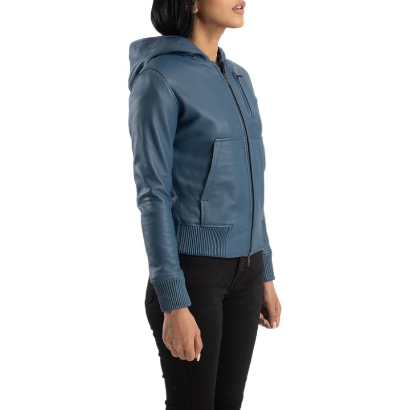 Luna Blue Hooded Leather Bomber Jacket