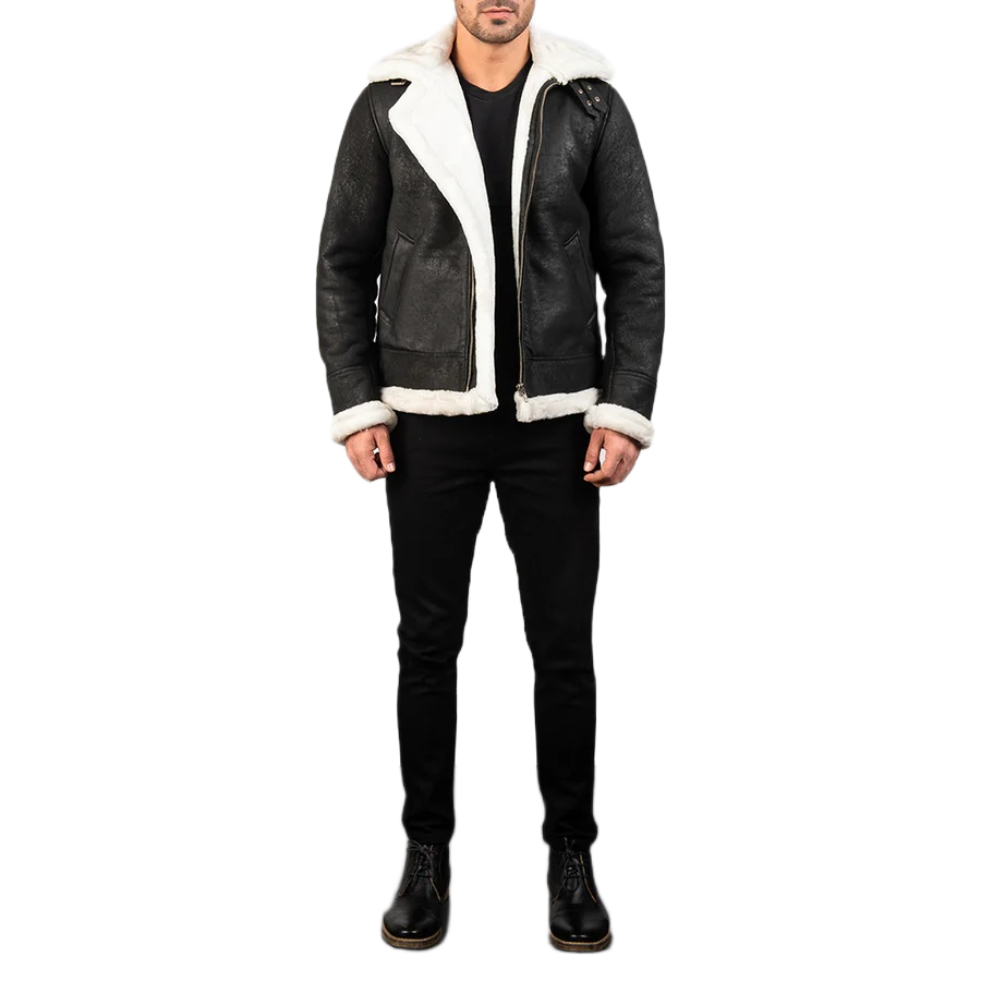 Francis B-3 Distressed Black Leather Bomber Jacket