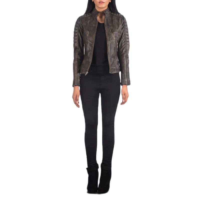Adalyn Quilted Distressed Brown Leather Biker Jacket