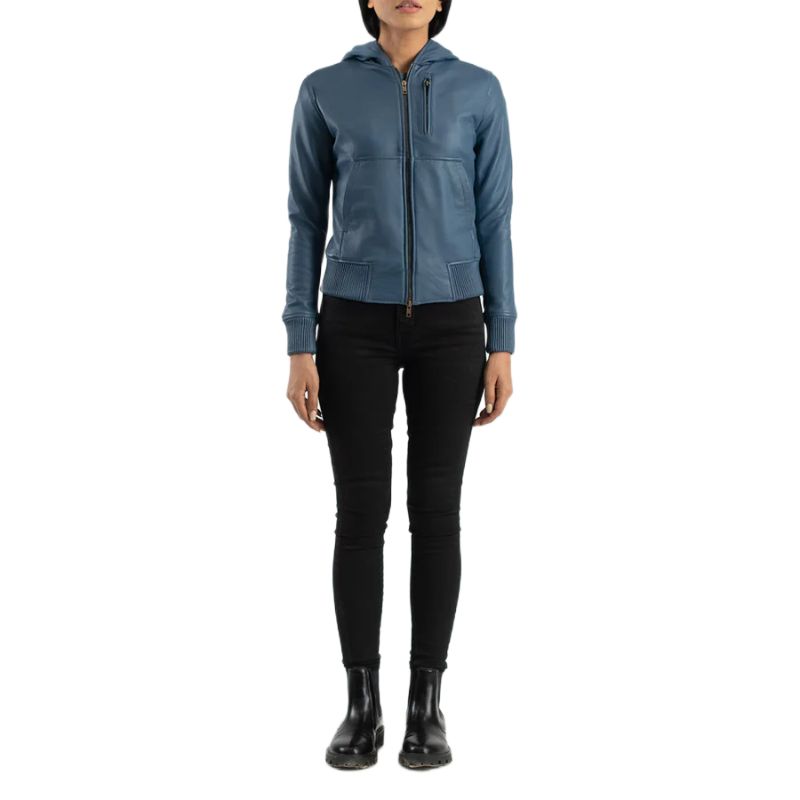 Luna Blue Hooded Leather Bomber Jacket