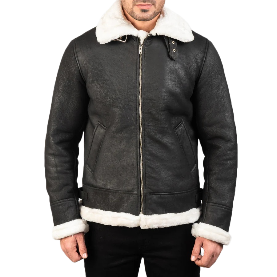 Francis B-3 Distressed Black Leather Bomber Jacket