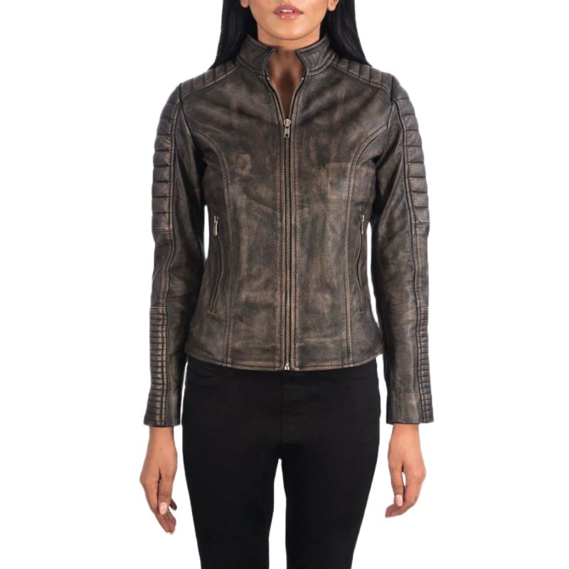 Adalyn Quilted Distressed Brown Leather Biker Jacket