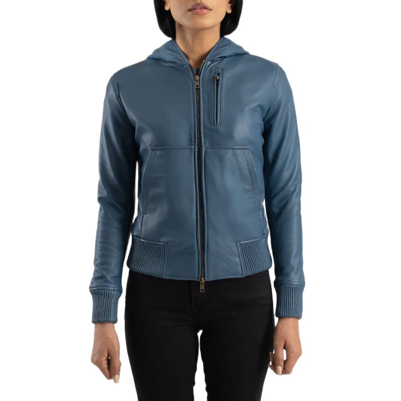 Luna Blue Hooded Leather Bomber Jacket