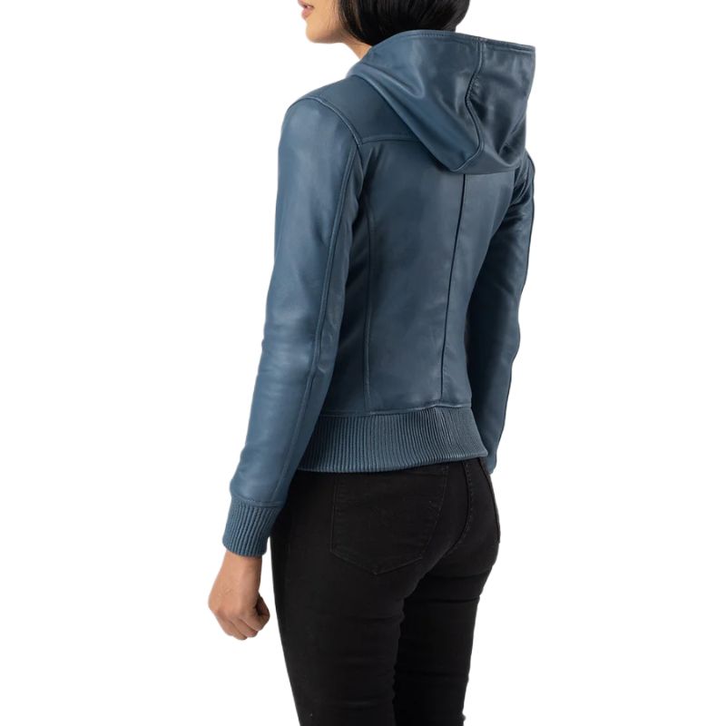 Luna Blue Hooded Leather Bomber Jacket