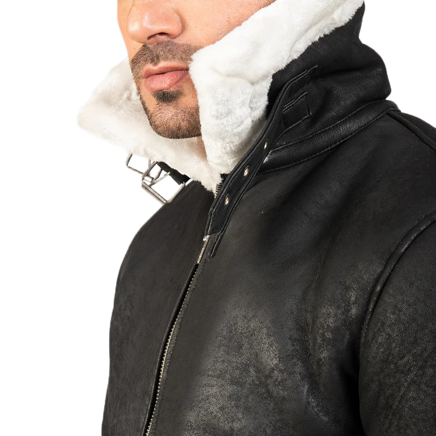 Francis B-3 Distressed Black Leather Bomber Jacket