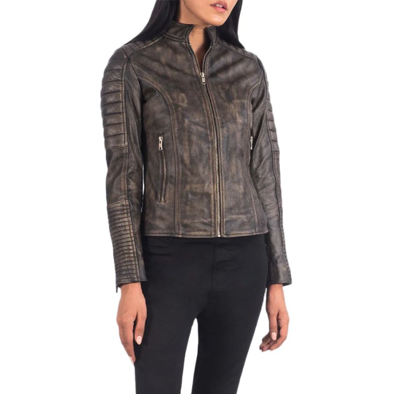 Adalyn Quilted Distressed Brown Leather Biker Jacket