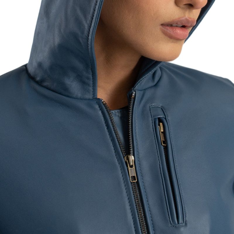 Luna Blue Hooded Leather Bomber Jacket