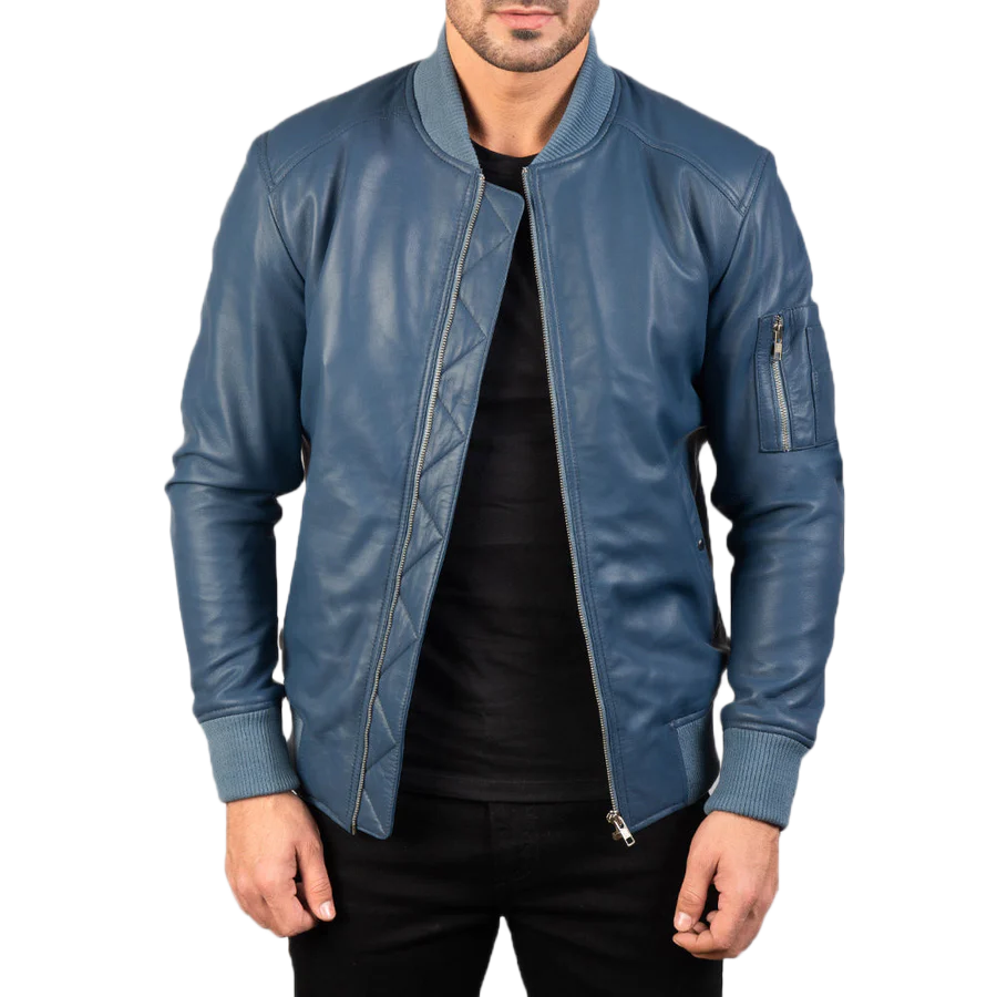 Bomia Ma-1 Blue Leather Bomber Jacket