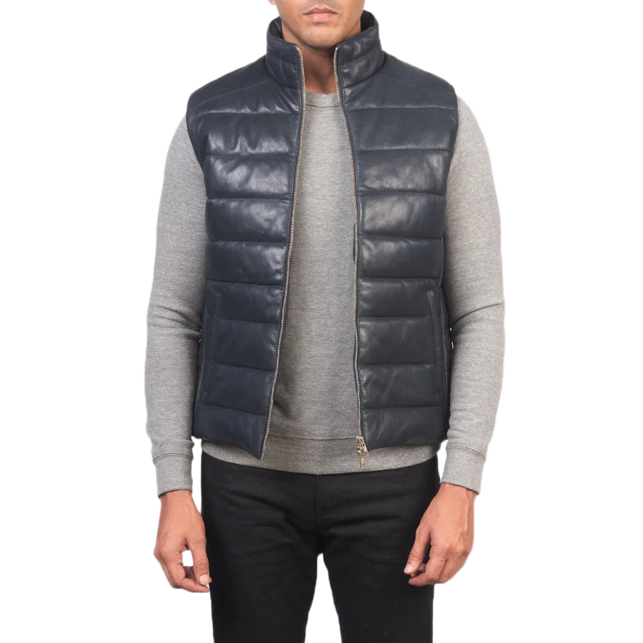 Reeves Blue Leather Puffer Vest