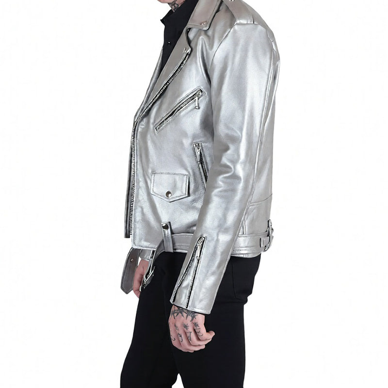 Men’s Silver Leather Biker Jacket