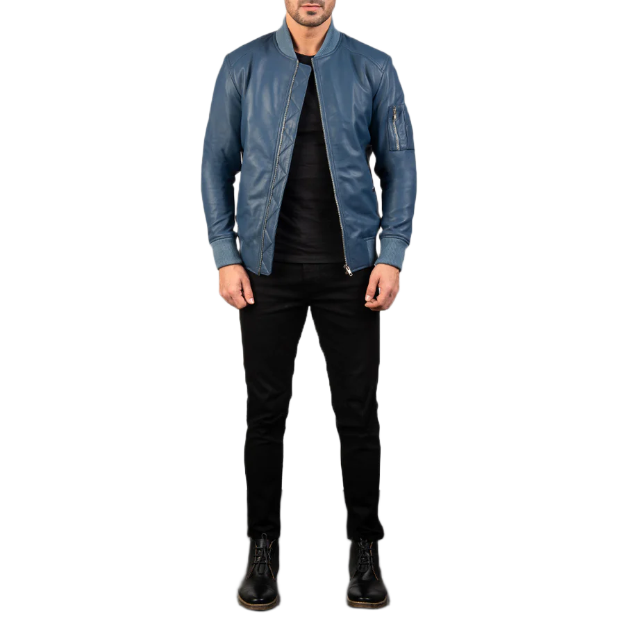 Bomia Ma-1 Blue Leather Bomber Jacket