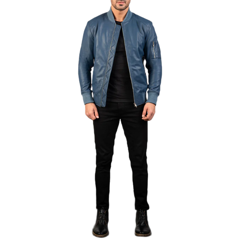 Bomia Ma-1 Blue Leather Bomber Jacket