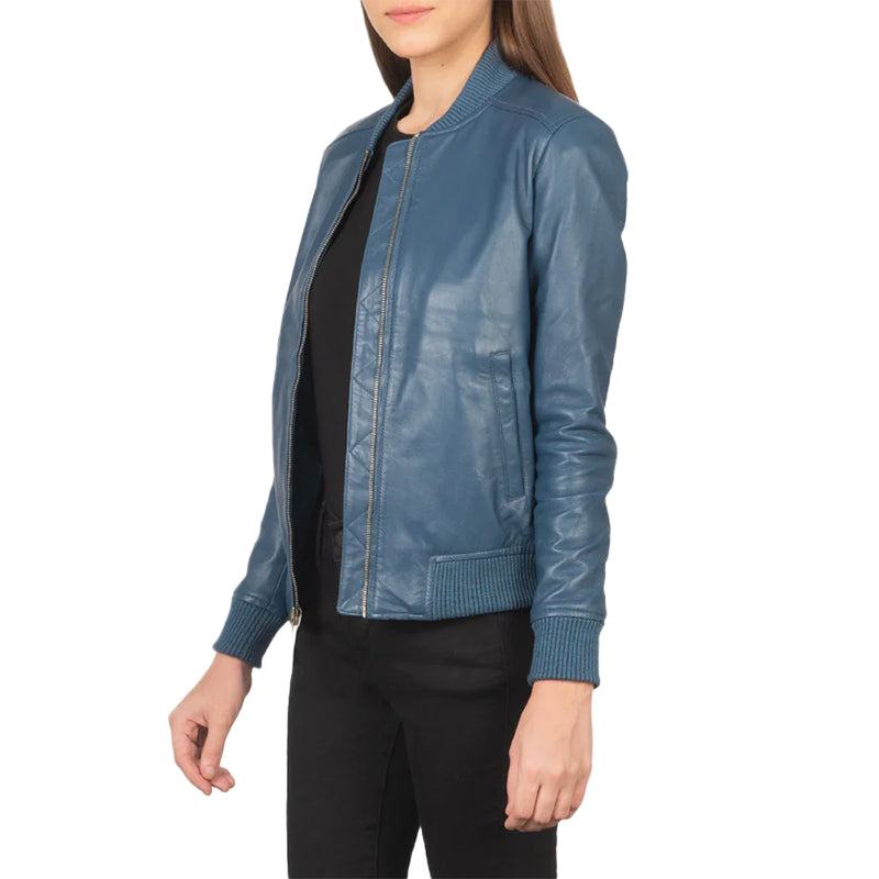 Bliss Blue Leather Bomber Jacket