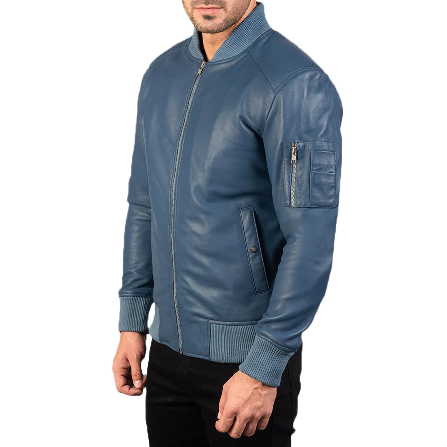 Bomia Ma-1 Blue Leather Bomber Jacket