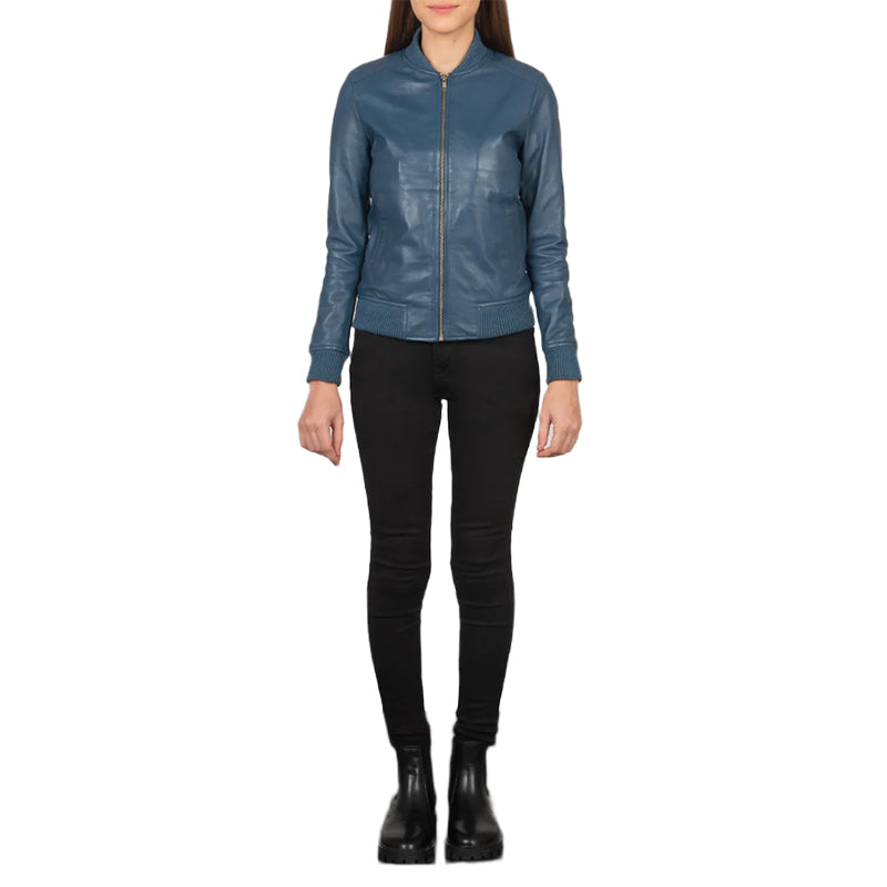Bliss Blue Leather Bomber Jacket