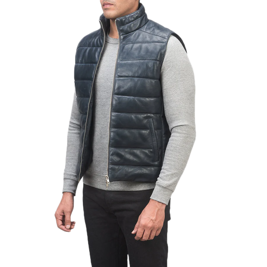 Reeves Blue Leather Puffer Vest