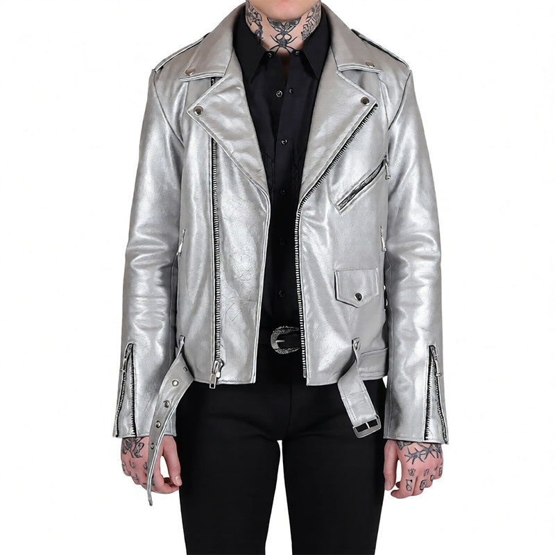 Men’s Silver Leather Biker Jacket