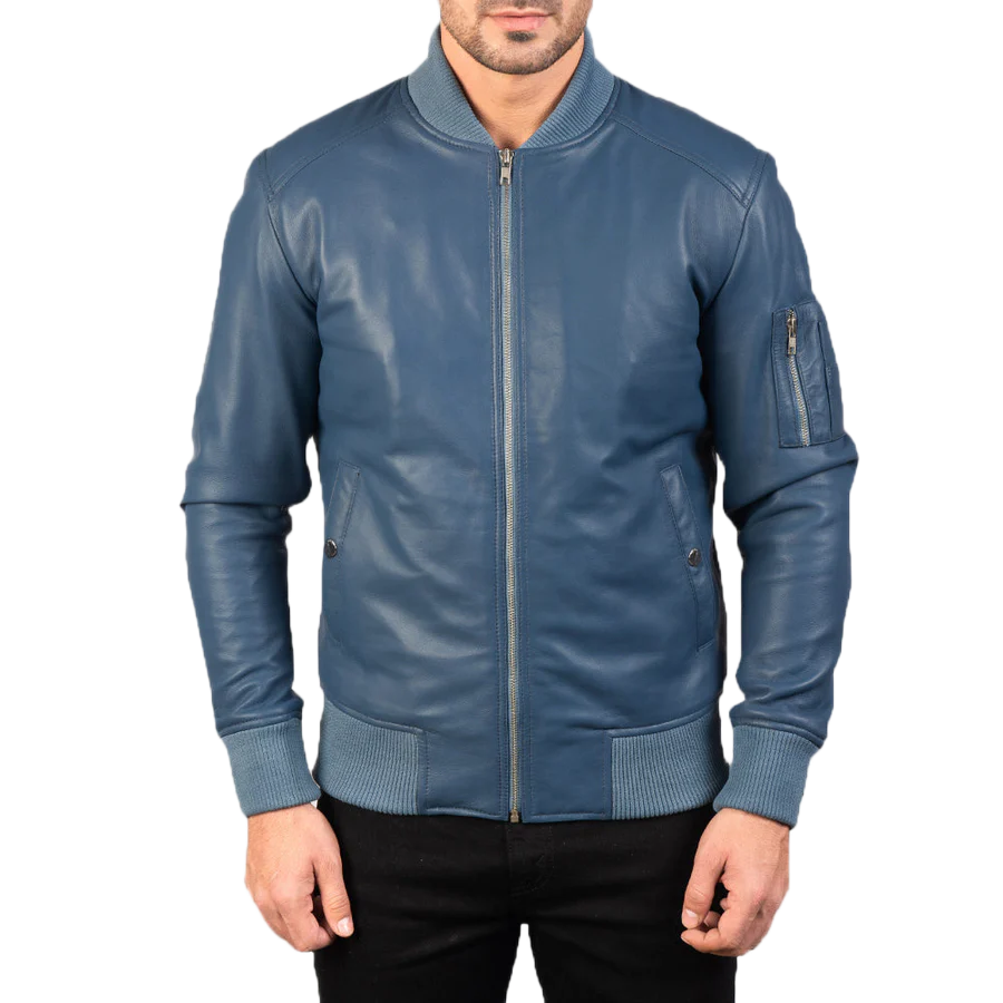 Bomia Ma-1 Blue Leather Bomber Jacket