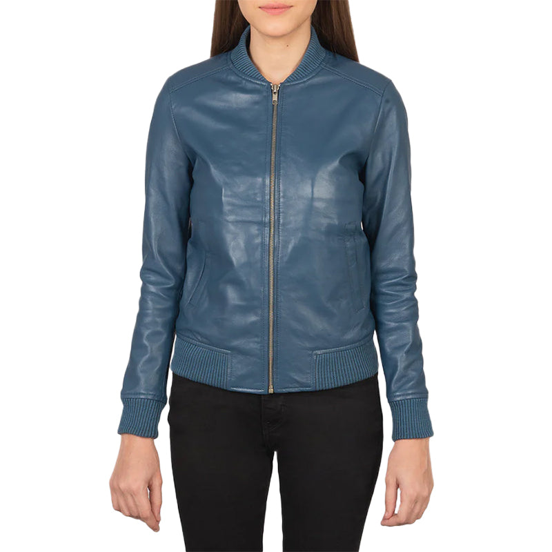 Bliss Blue Leather Bomber Jacket