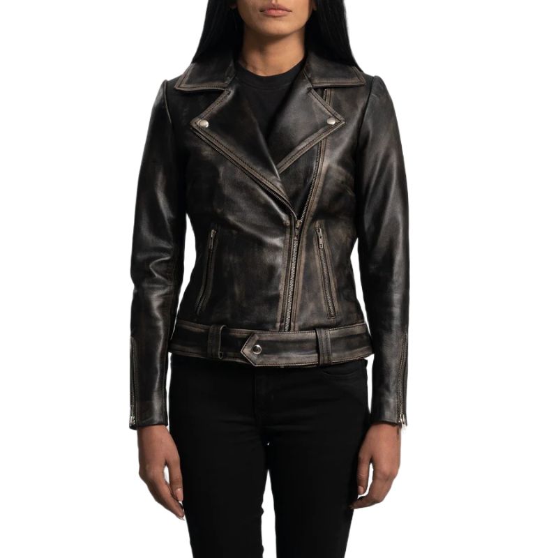 Rumy Distressed Brown Leather Biker Jacket