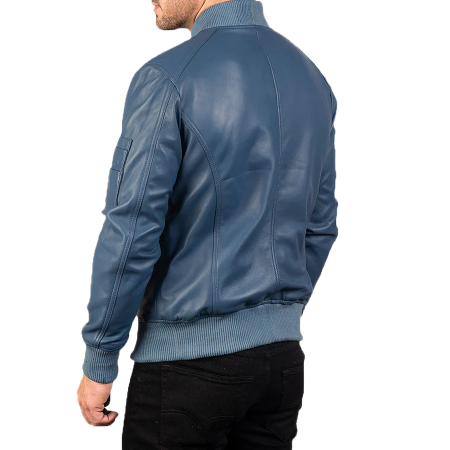 Bomia Ma-1 Blue Leather Bomber Jacket