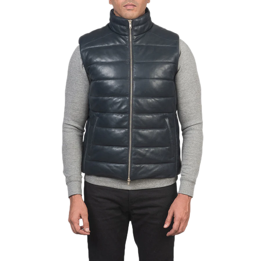 Reeves Blue Leather Puffer Vest