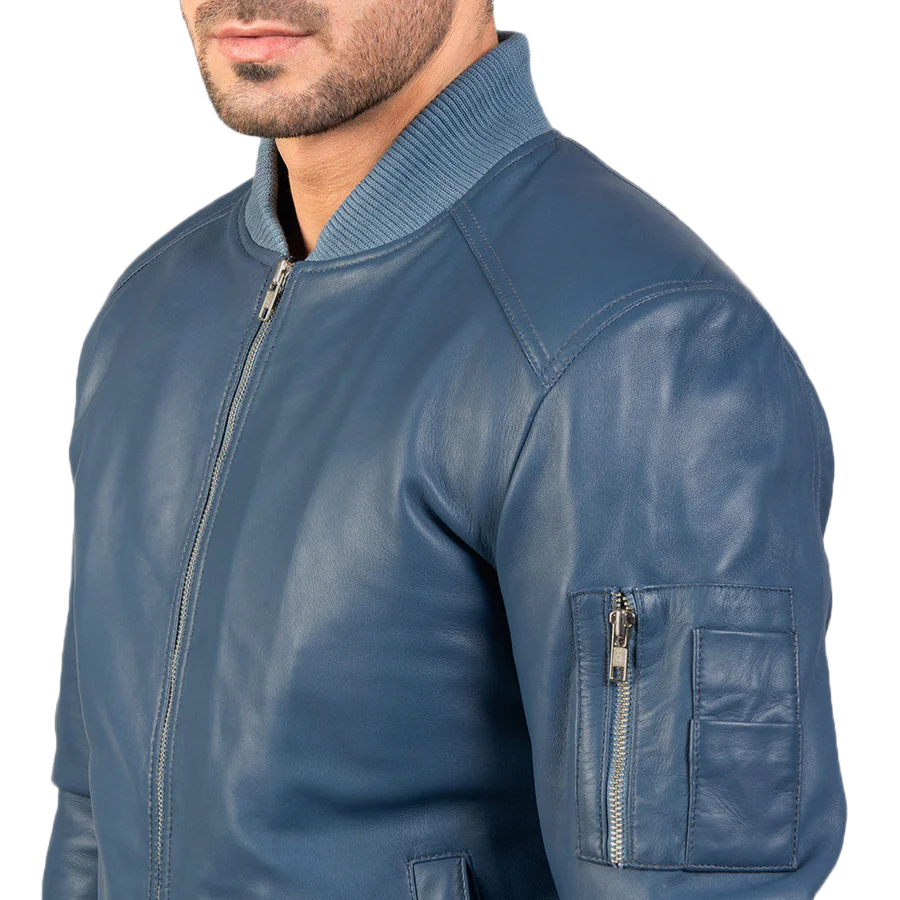 Bomia Ma-1 Blue Leather Bomber Jacket