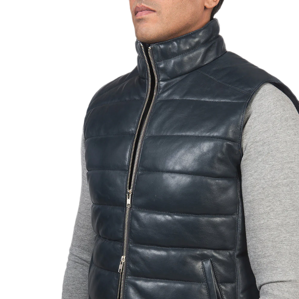 Reeves Blue Leather Puffer Vest
