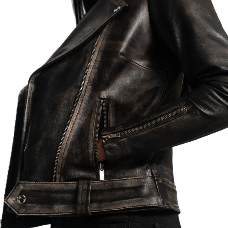 Rumy Distressed Brown Leather Biker Jacket