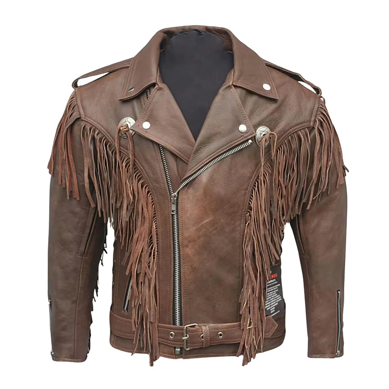 Men’s Genuine Brown Cowhide Fringe Leather Moto Jacket