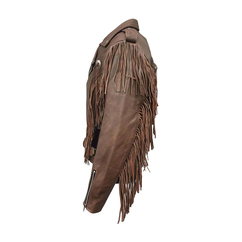 Men’s Genuine Brown Cowhide Fringe Leather Moto Jacket