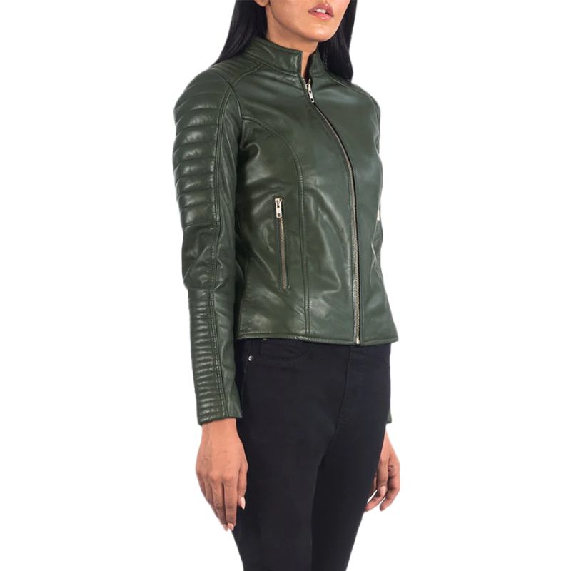 Adalyn Quilted Green Leather Biker Jacket