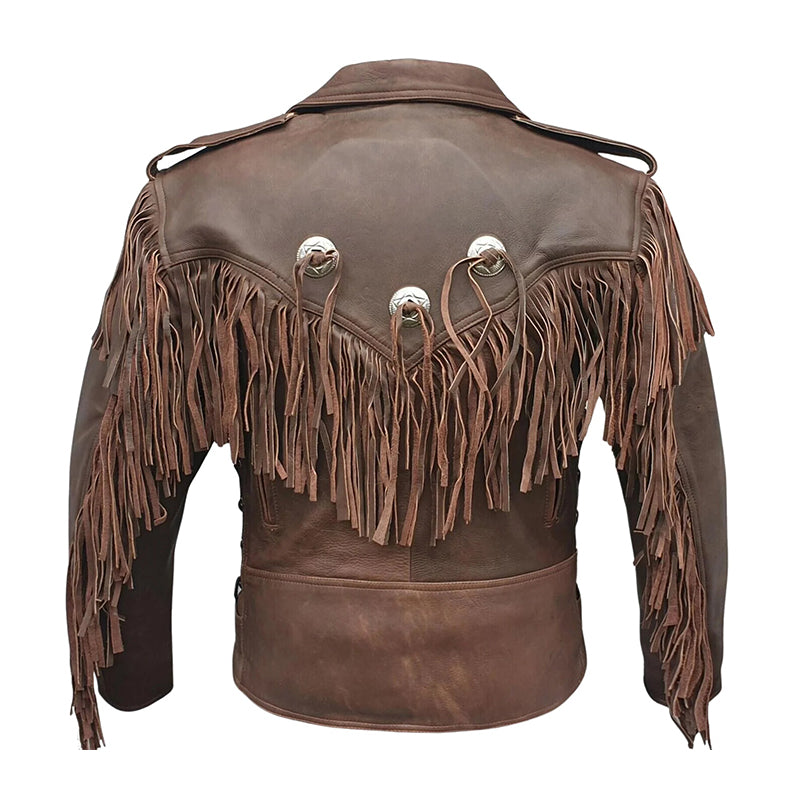 Men’s Genuine Brown Cowhide Fringe Leather Moto Jacket
