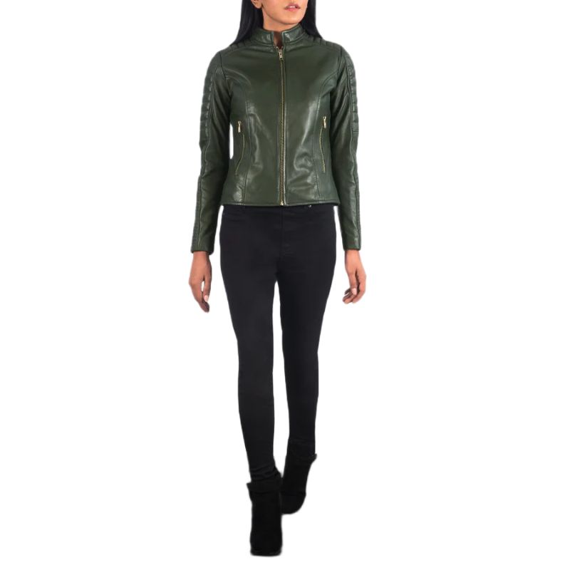 Adalyn Quilted Green Leather Biker Jacket