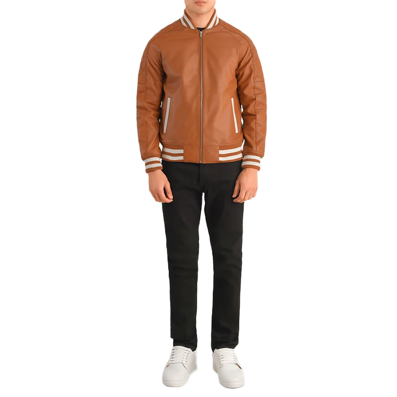 Pascal Tan Brown Leather Varsity Jacket