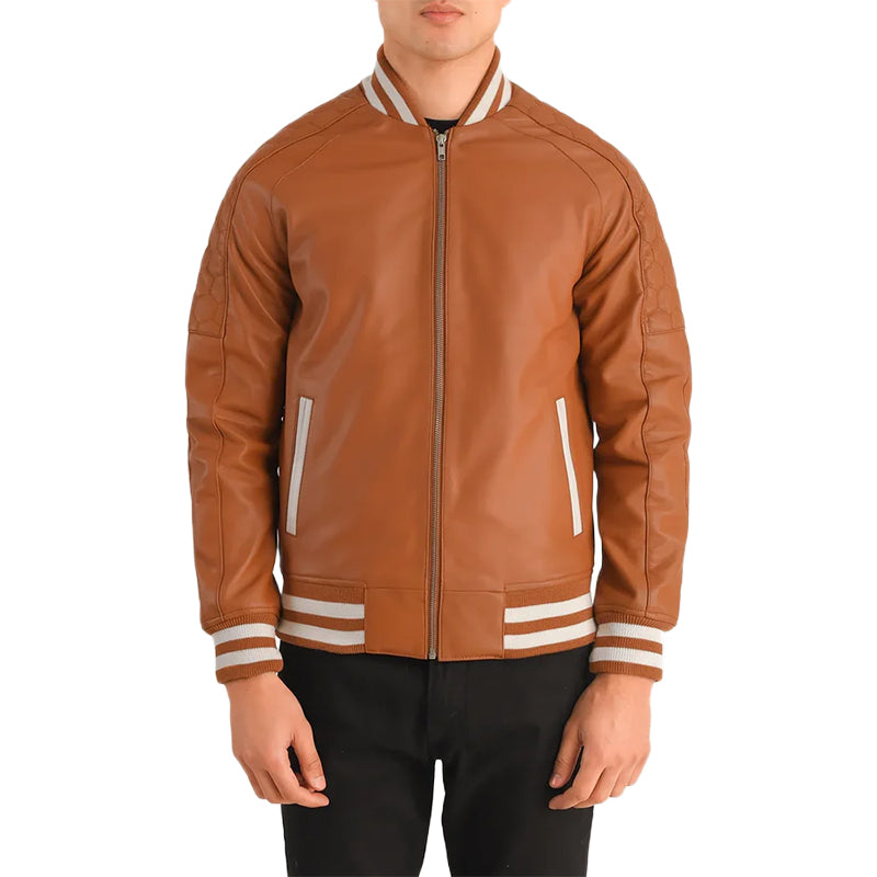 Pascal Tan Brown Leather Varsity Jacket