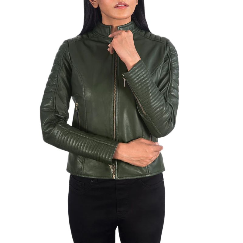 Adalyn Quilted Green Leather Biker Jacket