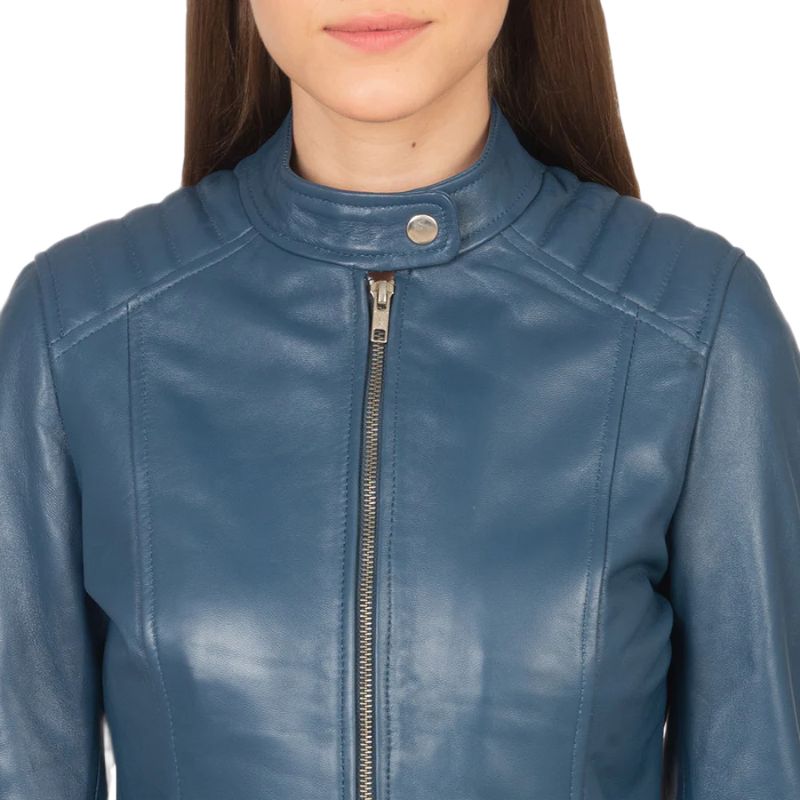 Kelsee Blue Leather Biker Jacket